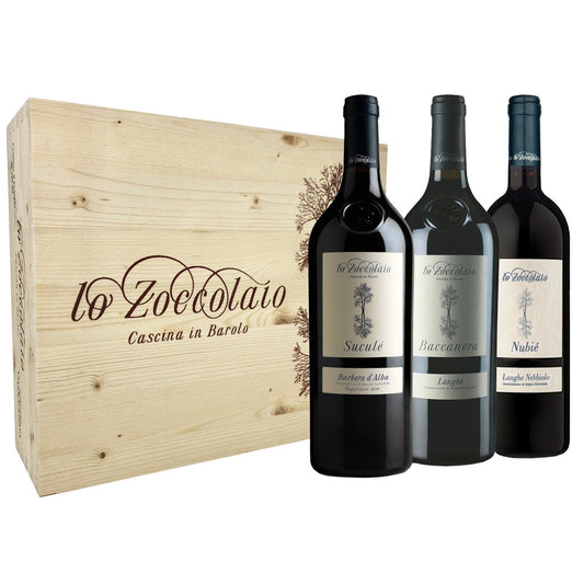Langhe DOC “Baccanera” 2020 + Barbera d'Alba DOC "Suculé" 2020 + Nebbiolo D'Alba DOC "Nubiè" 2021 - Lo Zoccolaio (cassettta di legno 3 bottiglie)